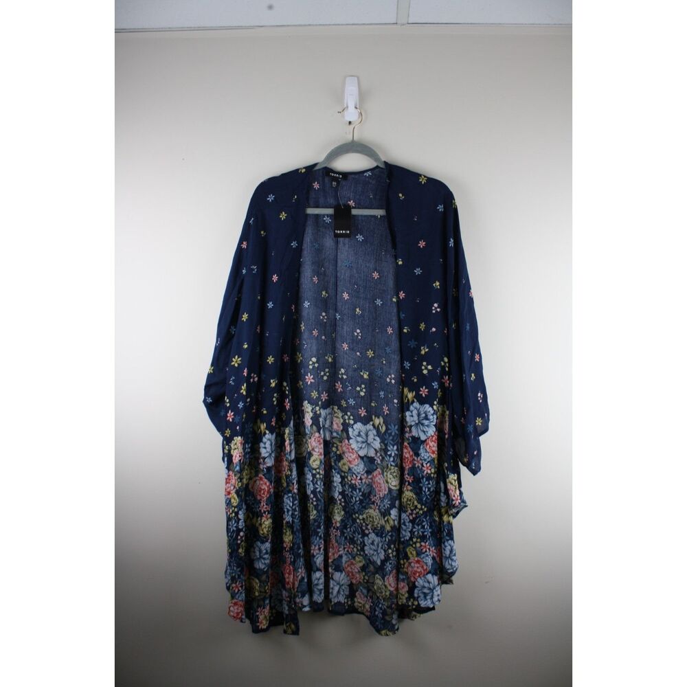 Torrid Size 3/4 Navy Floral Border Print Kimono Duster NWT Plus Size